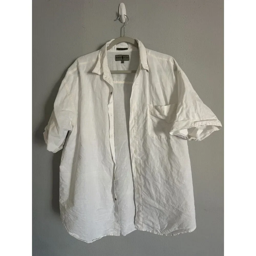 Robert Stock Men's L White Ramie Cotton Button Up Shirt Short Sleeve Beach - Picture 2 of 8